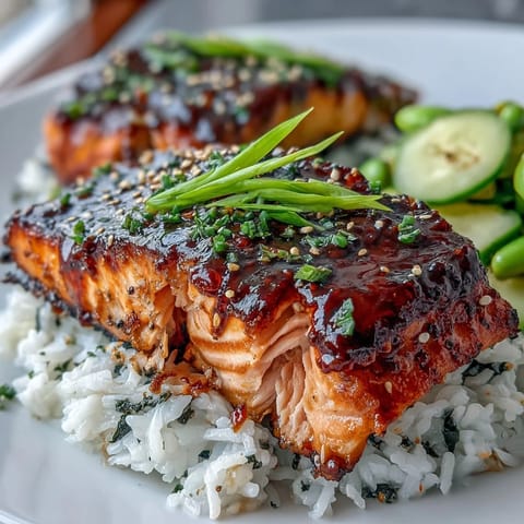 Glazed teriyaki salmon over steamed rice with edamame and cucumber slices for a fresh, balanced meal.  