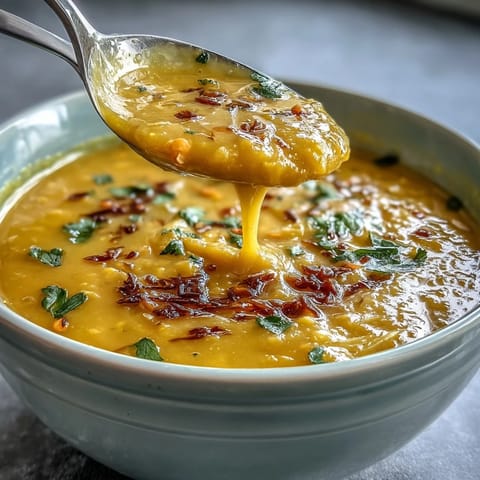 A steaming bowl of golden turmeric lemon lentil soup garnished with fresh cilantro and lemon wedges.  