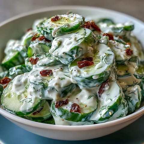 Fresh cucumber salad tossed in creamy everything bagel dressing, bursting with tangy flavor and crunchy sesame seeds.