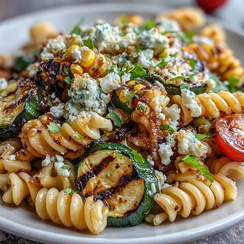 Colorful pasta salad with grilled zucchini, corn, and crumbled Cotija cheese in zesty lime dressing.