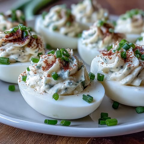 Everything Bagel Deviled Eggs with Cream Cheese: Creamy, tangy deviled eggs topped with savory everything bagel seasoning and fresh chives.