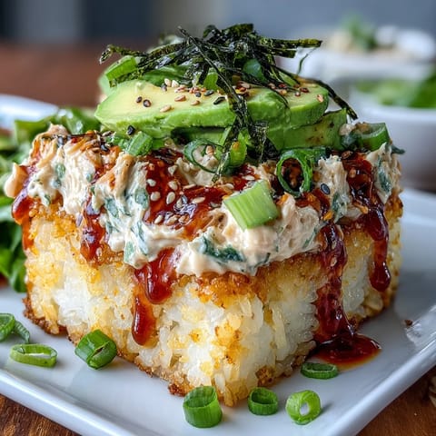 Crispy golden rice squares topped with creamy, spicy tuna and garnished with avocado slices for a sushi bar-style appetizer.