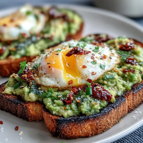 Creamy avocado spread topped with a perfectly poached egg and a generous drizzle of crunchy chili oil on golden toasted sourdough.  