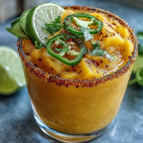Fruity spicy mango margarita slushie, a vibrant frosty drink with sweet and zesty notes.