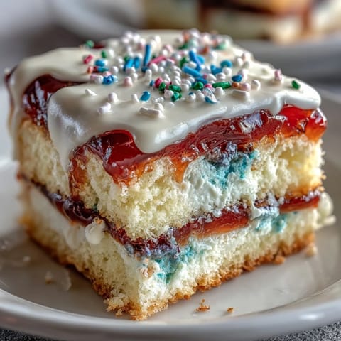 Festive Patriotic Poke Cake with white chocolate ganache and ruby red fruit.