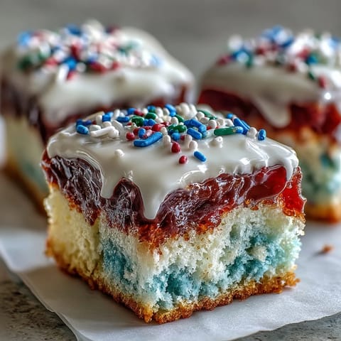 Luscious white chocolate ganache cascades over this colorful Patriotic Poke Cake.