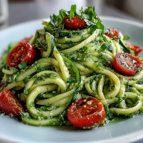Fresh Zucchini Noodles with Avocado Pesto, lightly sautéed and coated.