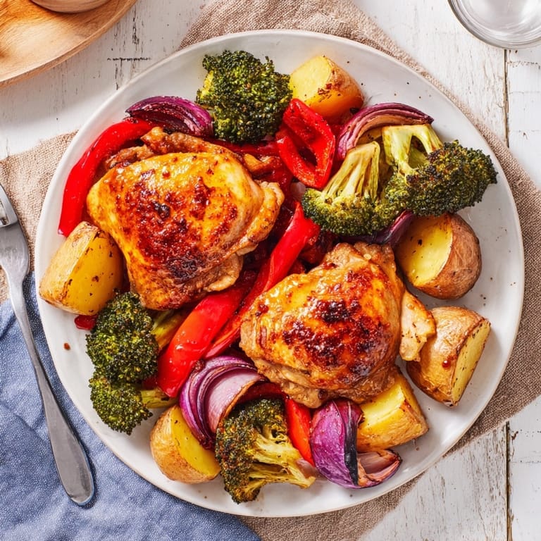 Crisp-skinned Honey Lemon Roasted Chicken Sheet Pan meal, steaming fresh from the oven on a rustic tray.