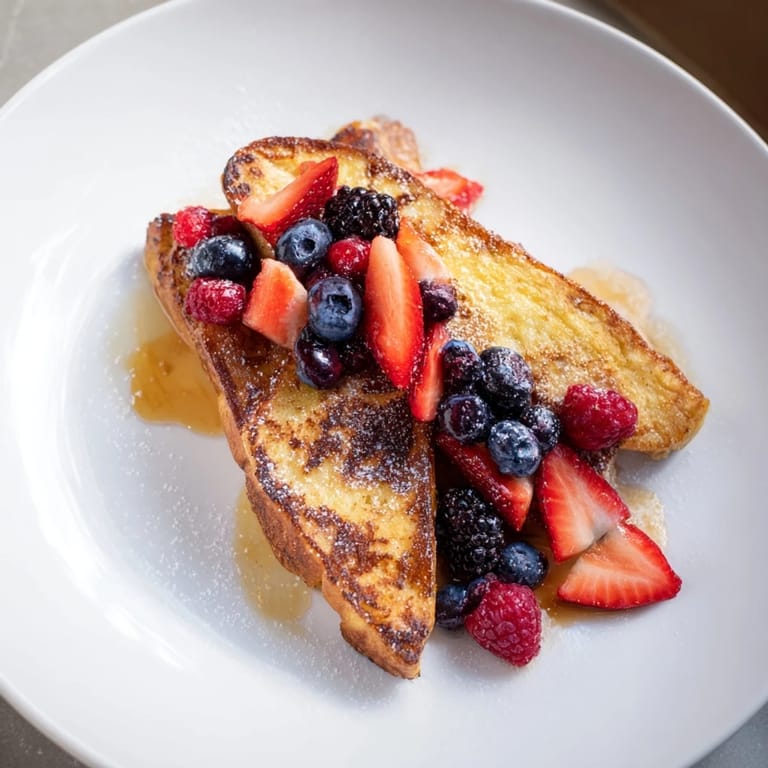 Fluffy French toast recipe, showing off golden fried bread with ripe berries and rich maple syrup drizzle.