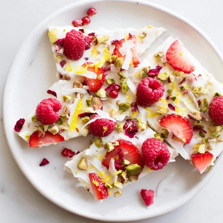 Frozen yogurt bark topped with fresh, juicy red berries—a colorful and healthy treat.
