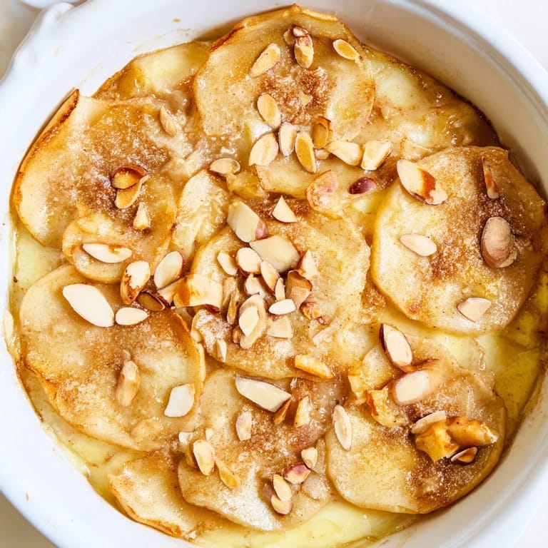 Homemade Rustic Crustless Apple Pie, bursting with juicy baked apples and a creamy custard layer.