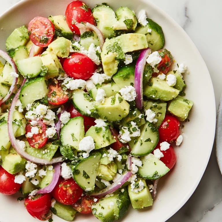 Enjoy a refreshing scoop of Fresh Cucumber, Tomato, and Avocado Salad, perfect with a drizzle of dressing.