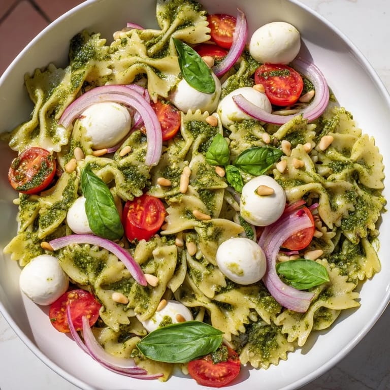 Creamy mozzarella and vibrant cherry tomatoes mingle with pesto in this cold pasta salad.