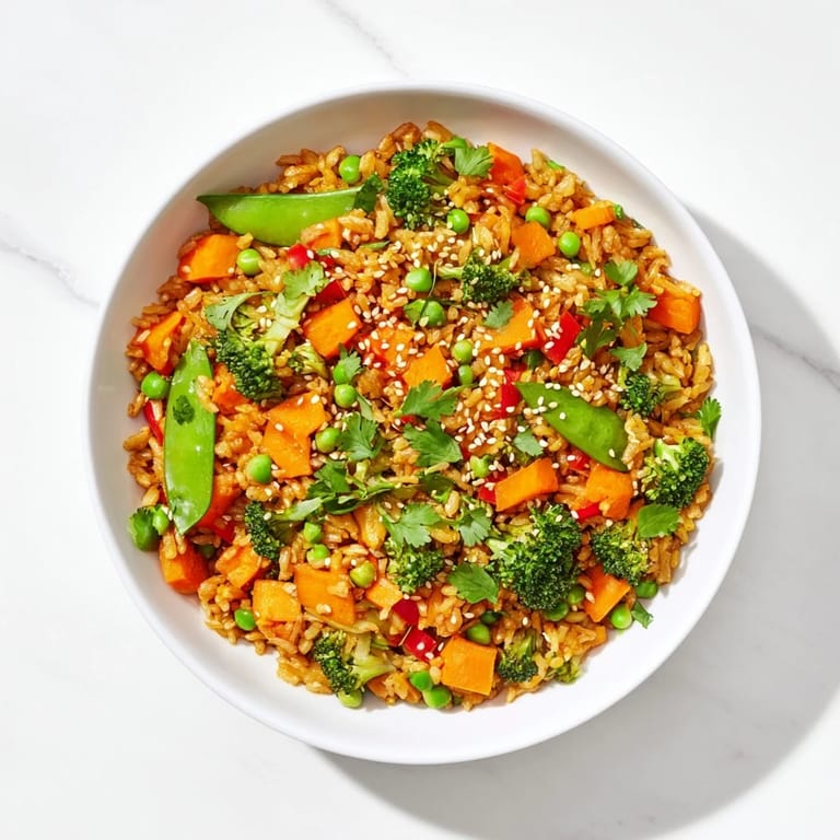 A steaming bowl of crispy vegetable fried rice, topped with fresh cilantro garnish and sesame seeds.
