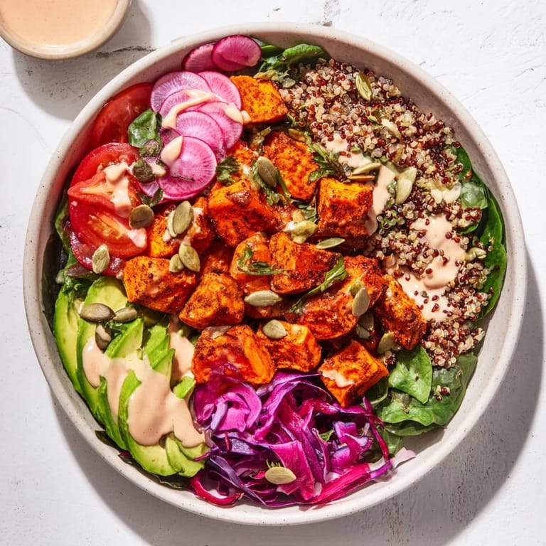 A close-up of a Complete Veggie Bowl showcasing fluffy quinoa, roasted sweet potatoes, and creamy tahini dressing.