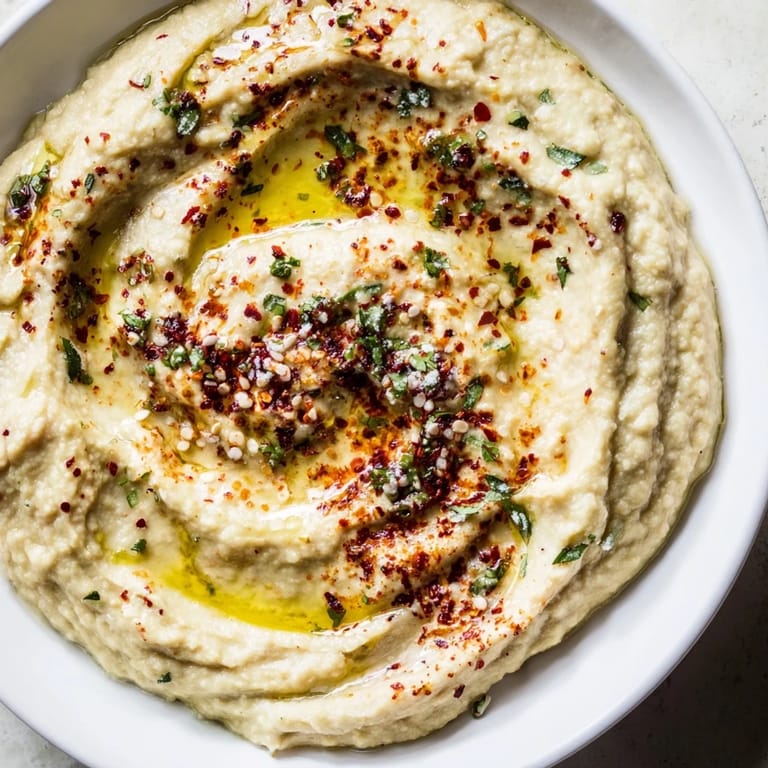 A vibrant close-up captures this perfect 5-minute hummus, garnished with paprika and fresh parsley as a treat.