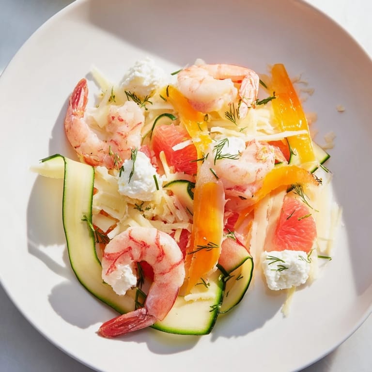 A colorful culinary creation, The Coral Reef features perfectly cooked shrimp and fresh orange segments ready to serve.