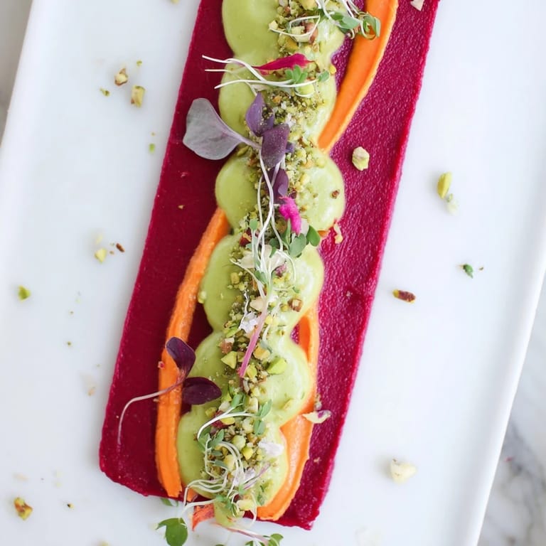 The Modernist Stripe boasts a bright, beautiful stripe of pureed vegetables garnished with microgreens.