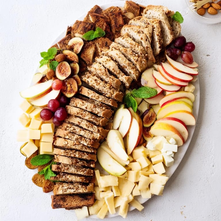 A delicious "Harvest Scythe" bread and fruit appetizer boasts a rustic array of fresh ingredients.