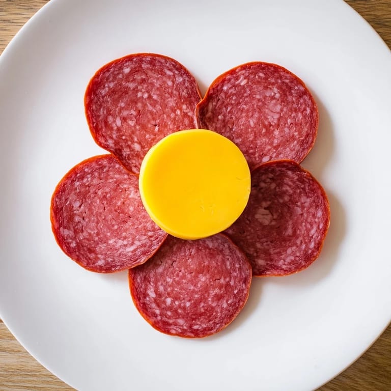Elegant presentation: a Tudor Rose, a vibrant salami flower with a yellow cheese centerpiece for an hors d'oeuvre.