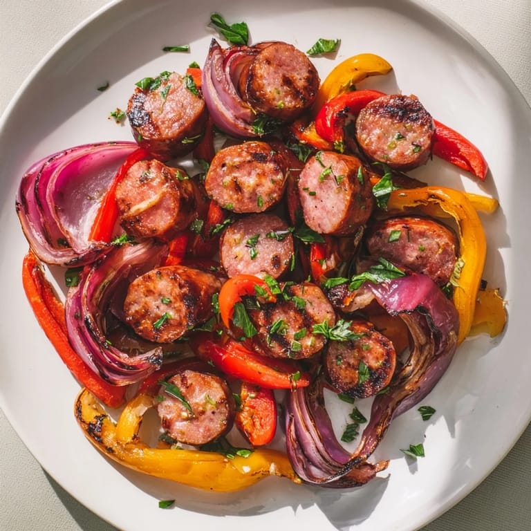 Flavorful Italian sausage, peppers, and onions roasted on a sheet pan, ready to serve with fresh herbs.