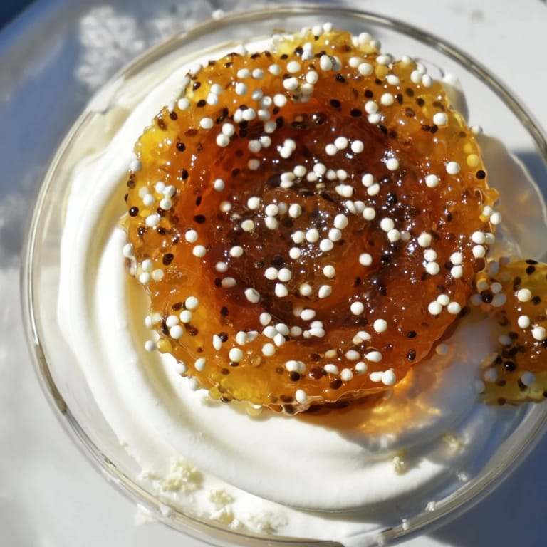 Elegant Galaxy Spiral dessert, a swirl of jam and yogurt topped with goat cheese and sesame seeds.