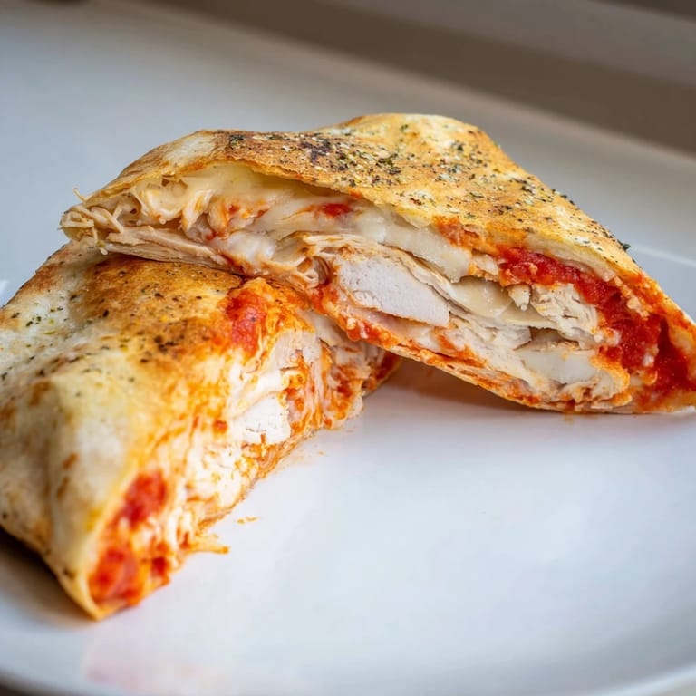 Crispy and folded tortilla pizza wrap showcasing tender chicken and flavorful Italian spices.