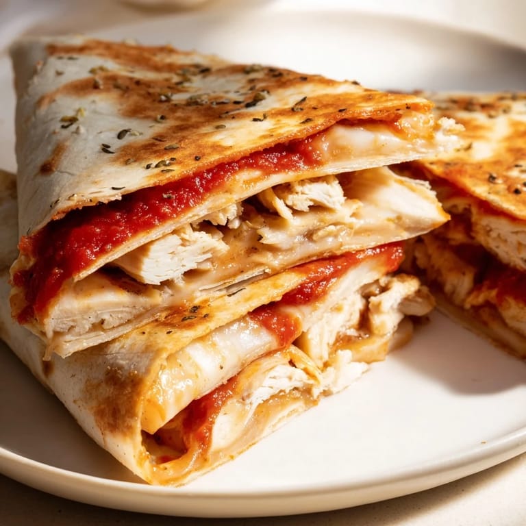 A warm, crispy tortilla pizza wrap with grilled chicken and cheese, ready for a satisfying bite.