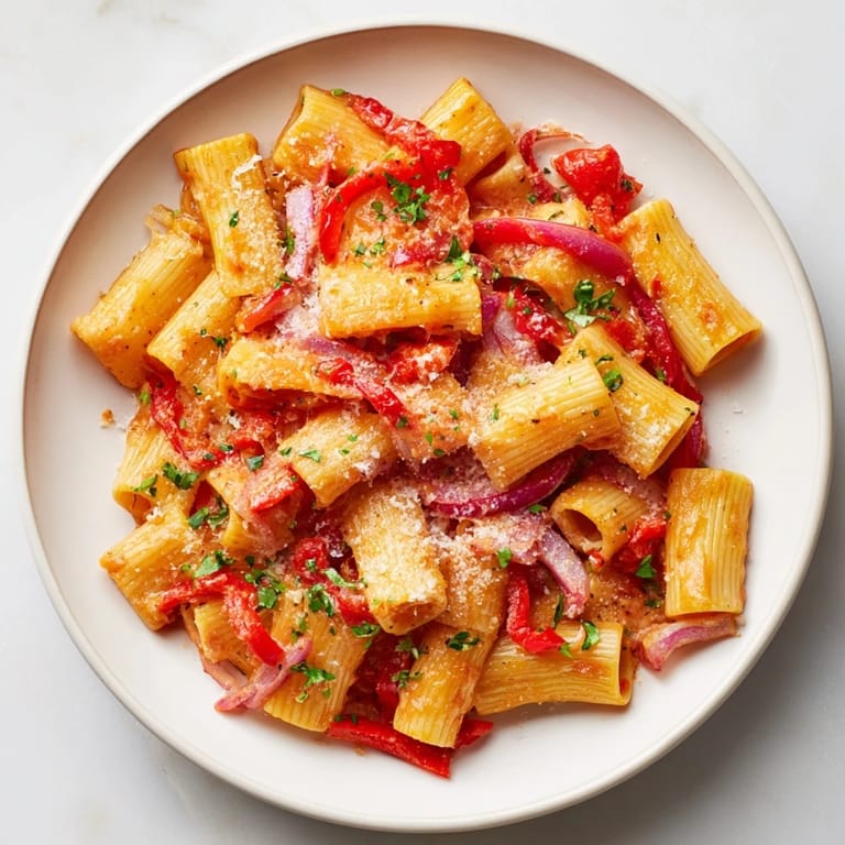 Bright red One-Pot Diavola Spicy Pasta, with a dusting of fresh parsley ready for dinner.