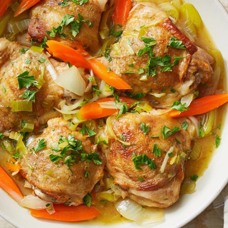 Golden-brown chicken thighs simmer in the savory juices of this comforting Georgia Pot Roast Chicken recipe.