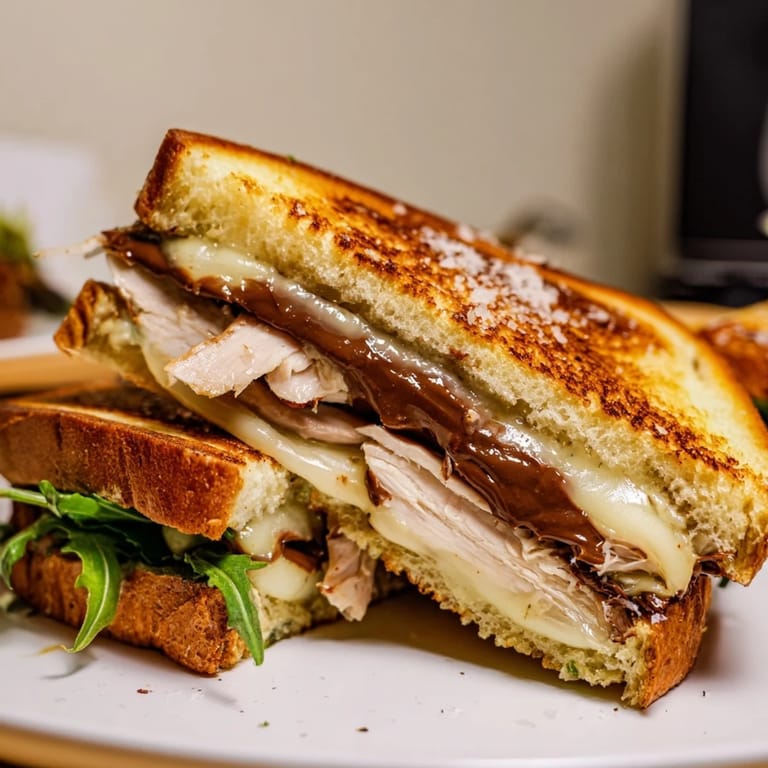 A close-up of a perfectly toasted Nutella Grilled Cheese with Chicken, ready to be sliced and enjoyed.