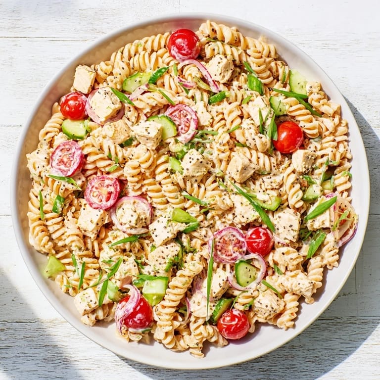 Creamy Everything Bagel Chicken Pasta Salad, perfect for picnics, tossed with vibrant red cherry tomatoes.