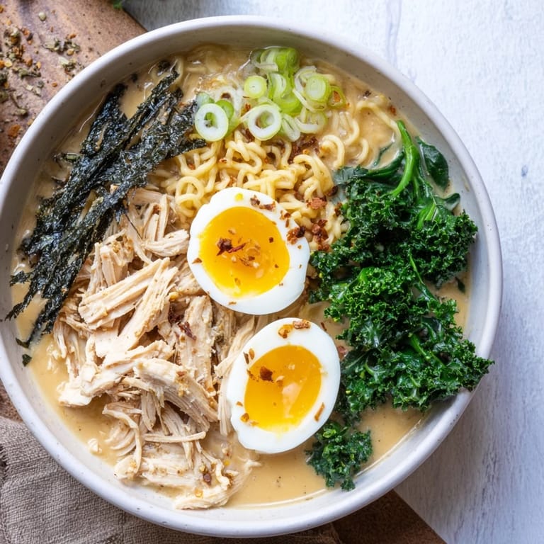 Savory and creamy chicken ramen, enhanced with Kewpie mayo, showcasing vibrant greens and a delicious soft egg.