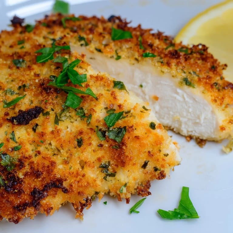 Enjoy the sight of these Crispy Parmesan Chicken Cutlets, baked to perfection with a crispy, flavorful coating.