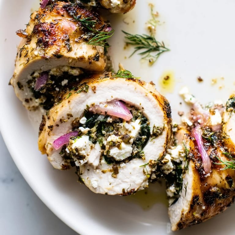 A close-up of Spinach Feta Stuffed Chicken reveals the tender roll-up with flavorful feta and spinach.