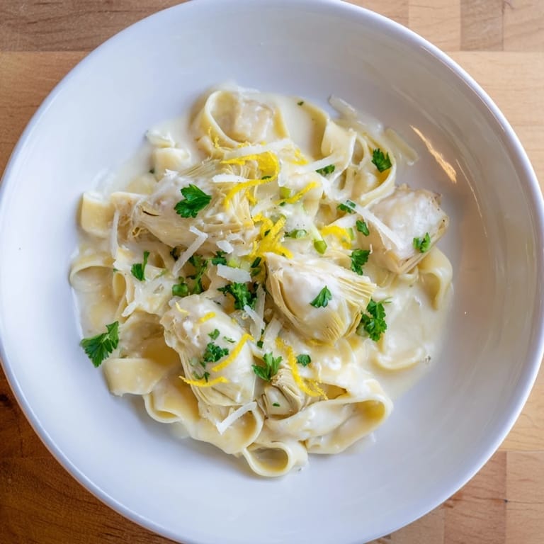 Close-up of the delicious Creamy Lemon Artichoke Pasta featuring Parmesan cheese and lemon.