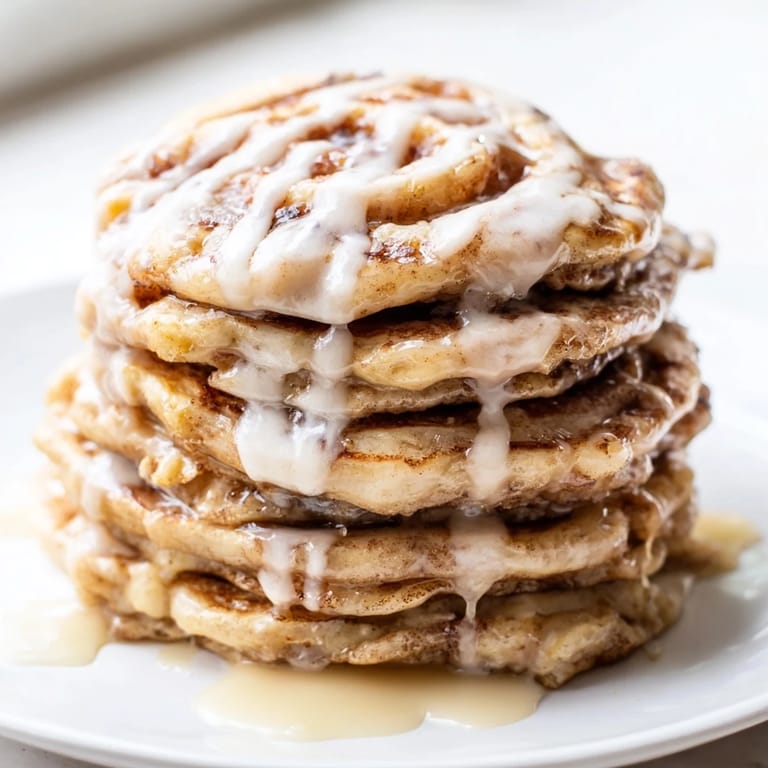Warm Cinnamon Roll Pancakes, swirled with cinnamon, reveal their tender, golden interior, ready to eat.