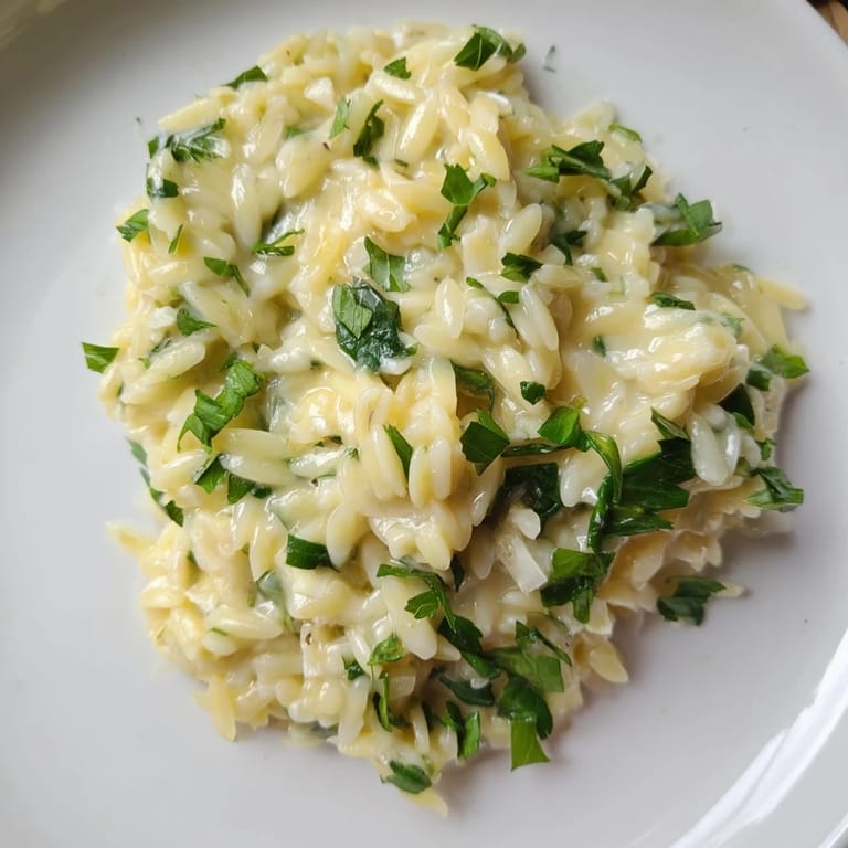 Tender, flavorful one-pot creamy orzo pasta, simmering beautifully in a large skillet.