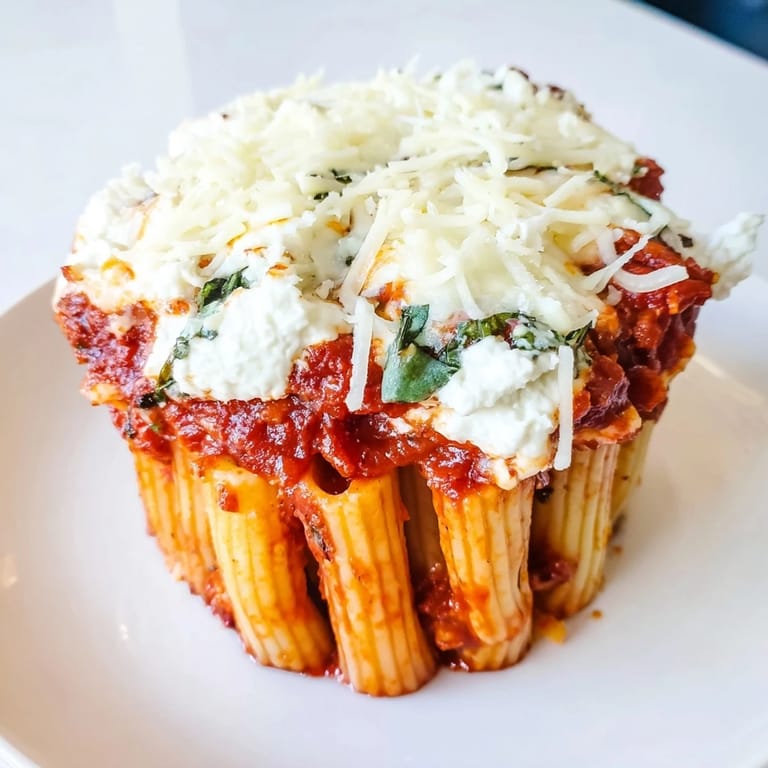 Individual servings of Baked Ziti Cups, showing layers of pasta and cheese, ideal for a satisfying weeknight meal.