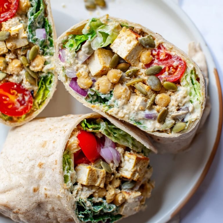 Visualize the loaded High-Protein Chicken-less Caesar Wrap, beautifully rolled and ready to serve for lunch.