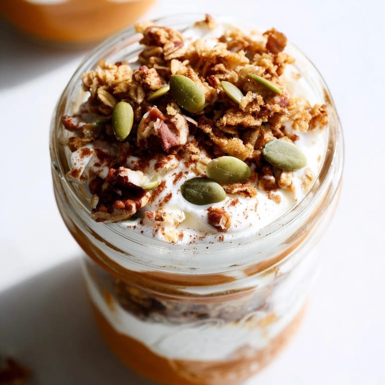 Swirled pumpkin and creamy yogurt in a Pumpkin Yogurt Parfait, topped with crunchy granola.