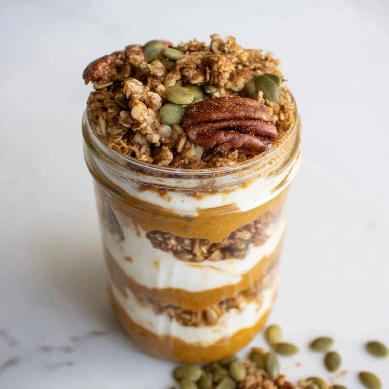 A layered Pumpkin Yogurt Parfait: the vibrant pumpkin puree with yogurt and granola.
