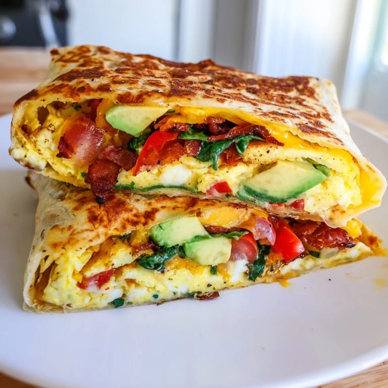 Handheld, golden-brown crispy breakfast wrap, perfect for a quick, delicious morning meal, featuring every component.