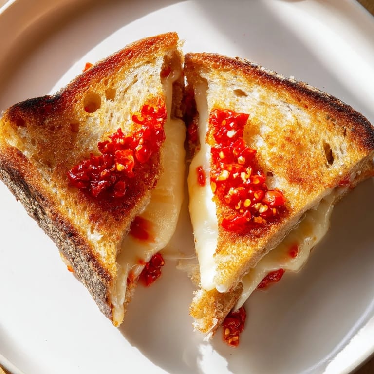 Buttery Brie and Chili Crisp Grilled Cheese with crispy bread and a bold flavor profile.
