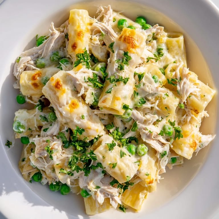 A close-up of a bubbling Slow Cooker Chicken Alfredo Pasta Bake, perfect for a cozy dinner.