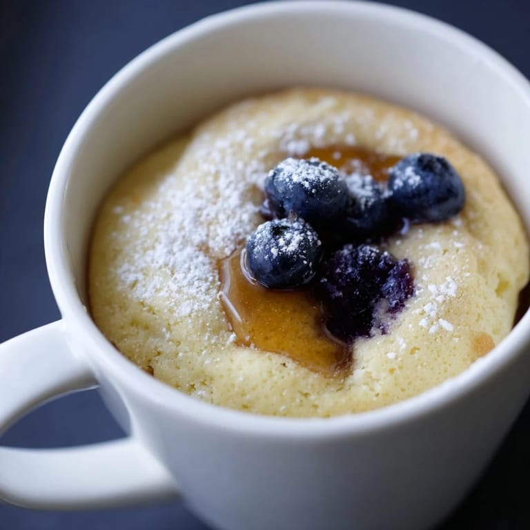 A single-serving microwave mug pancake rising high, ready to be soaked with warm syrup and enjoyed.