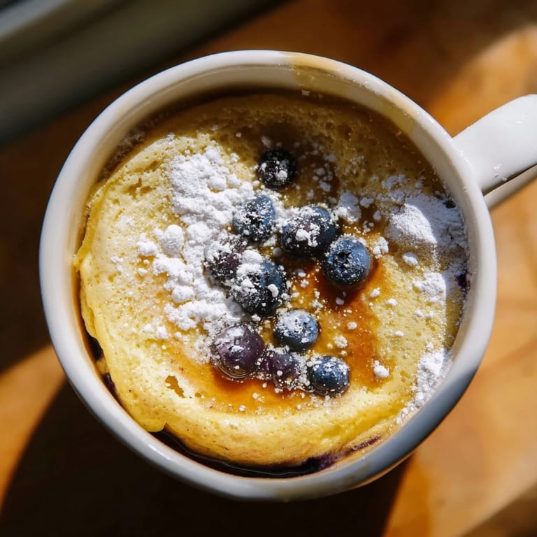 Steaming-hot microwave mug pancakes, the perfect quick breakfast, promising a soft, delicious bite with every forkful.