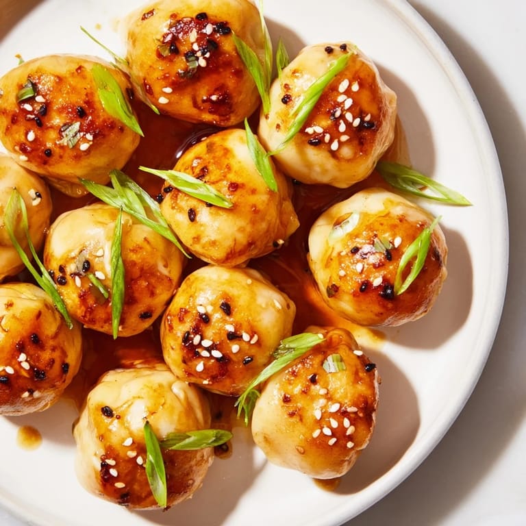 Close-up of perfectly cooked air fryer frozen dumplings; the savory sesame glaze makes a tasty bite.