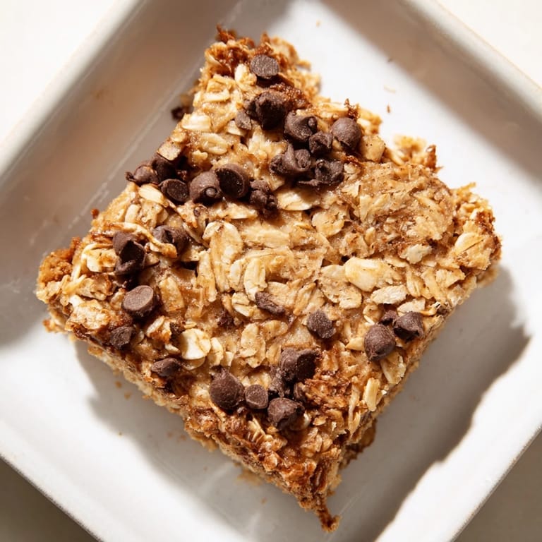 Warm, hearty Baked Oats That Taste Like Cake, appealingly simple breakfast bars, served with a dusting of cinnamon.