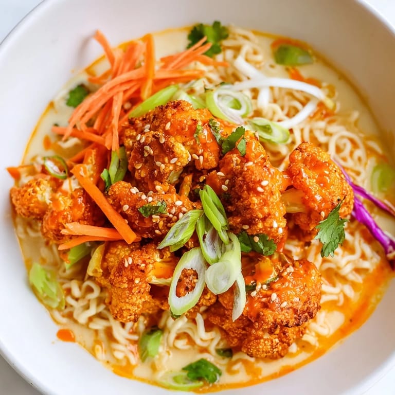 Crispy buffalo cauliflower florets crown a bowl of flavorful Chaos Cooking Buffalo Cauliflower Ramen, ready to enjoy.